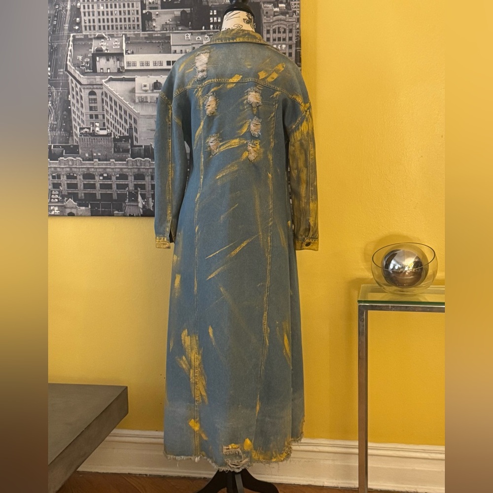 Distressed Hand-Painted Denim Maxi Duster Jacket w. Gold Finish - Picture 11 of 16